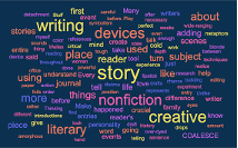 A pile of literary words and phrases featuring creative writing terms