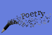 A pencil breaking up into shards that are letter-shaped, and spelling the word "poetry"