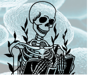 A skeleton reading a book with the background of cells floating behind it