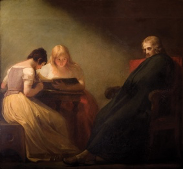 A painting of people sitting, with a ray of light shining on two of them