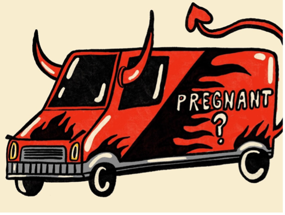 Image of van that looks like the devil with the word PREGNANT? on it