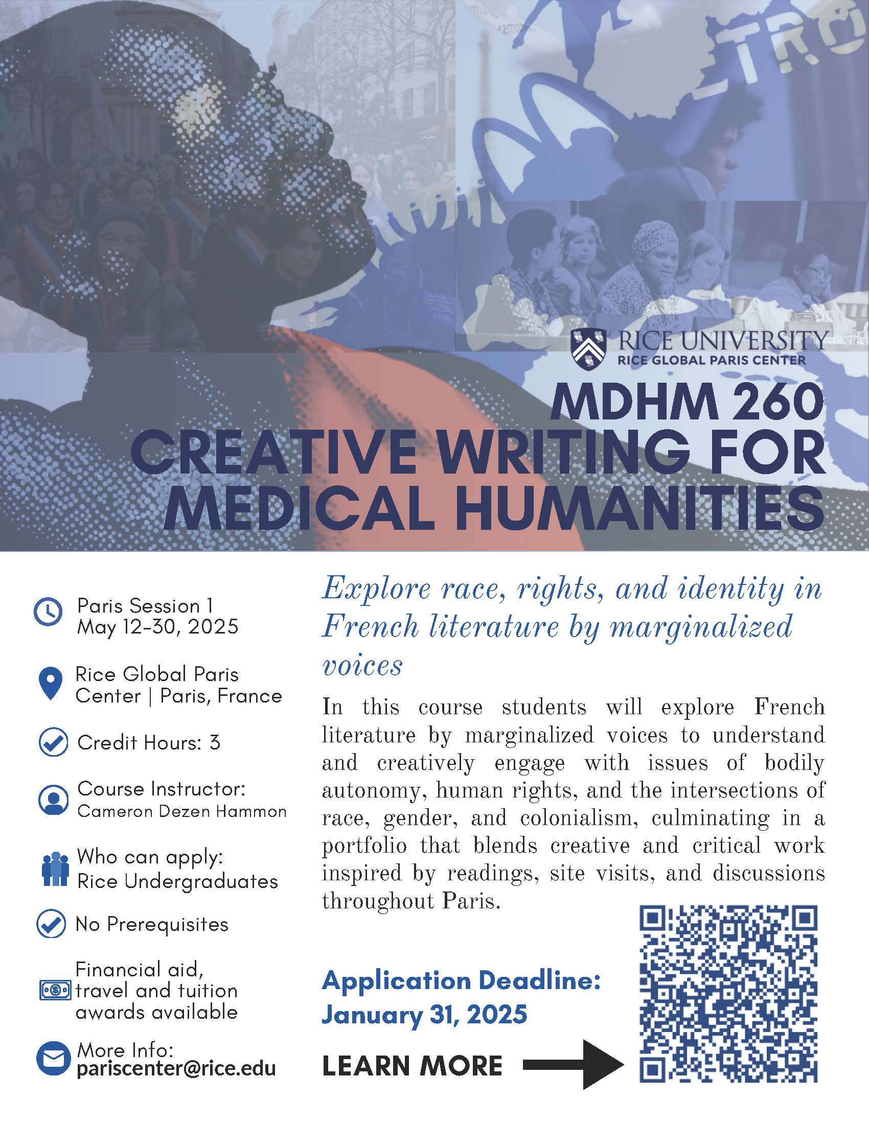 Flyer for Rice Global Paris course, Creative Writing for Medical Humanities