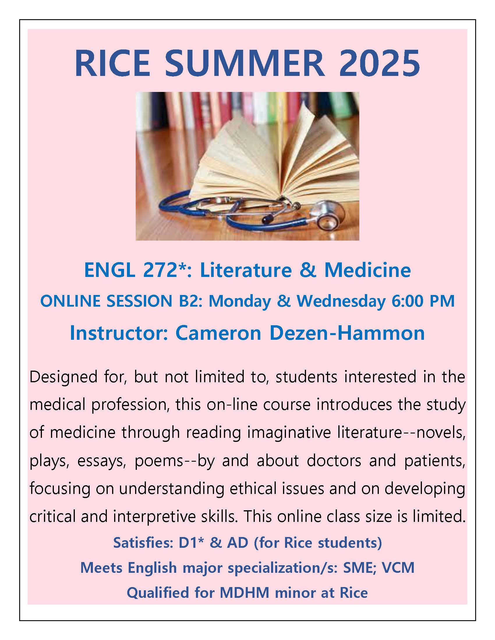 Flyer for Rice University English Summer course, Literature and Medicine