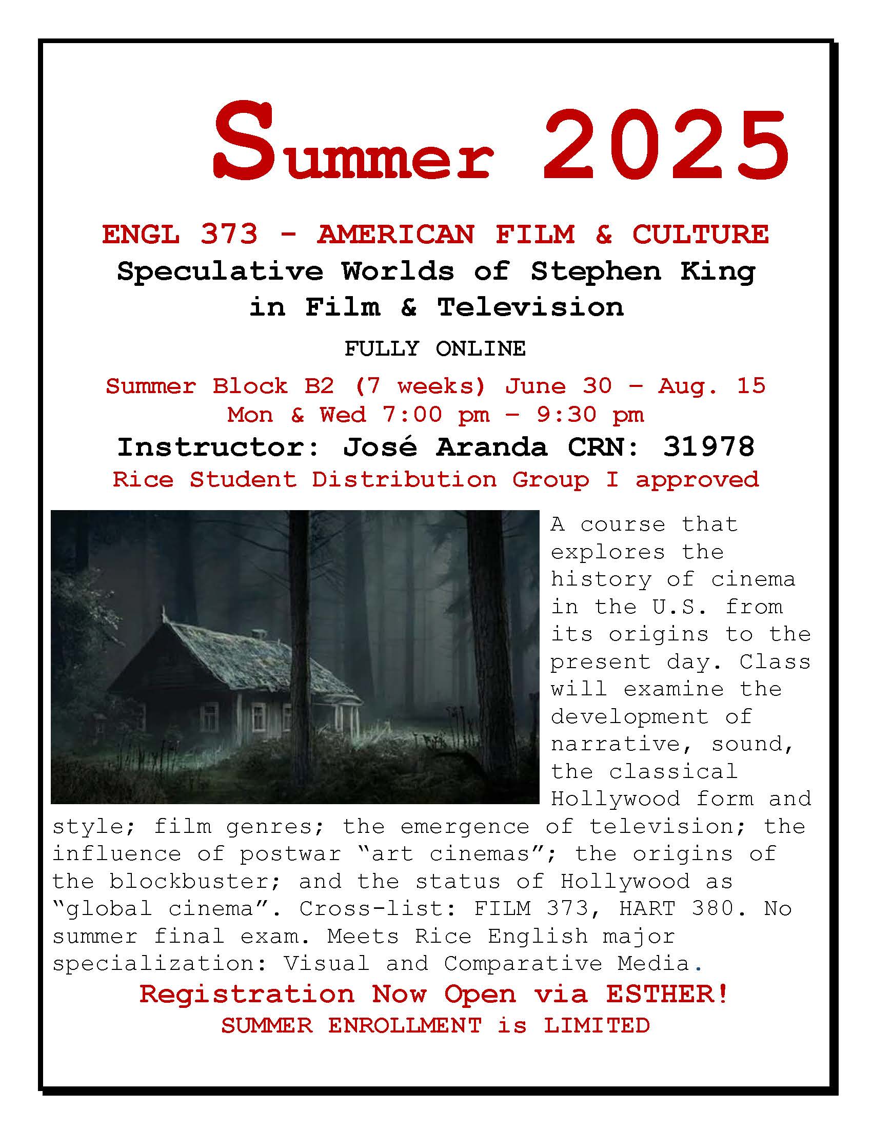 Flyer for Rice University summer class, American Film and Culture