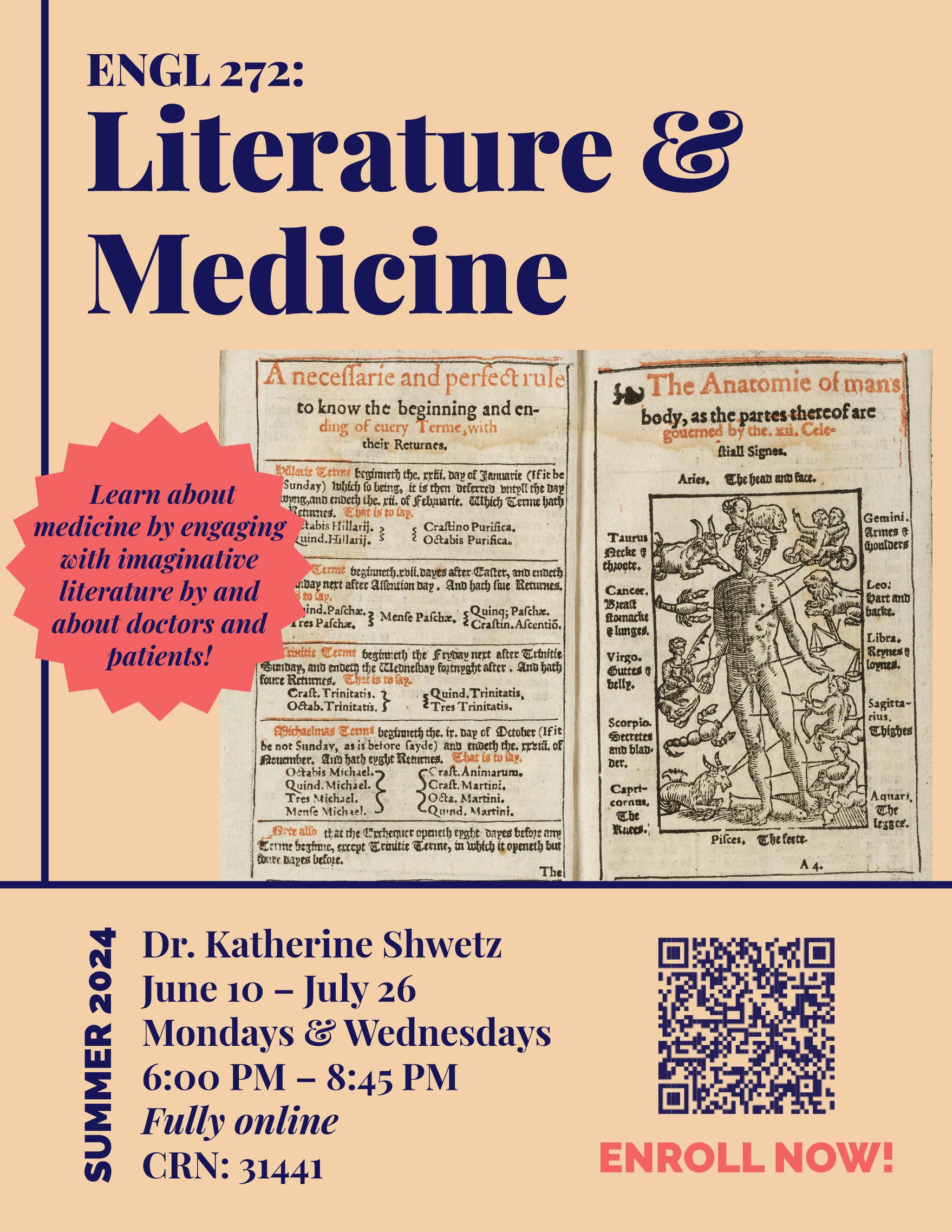 Summer course, English 272, Literature and Medicine, with Instructor Katherine Shwetz